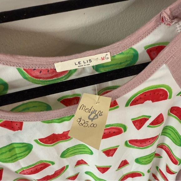 LeLis Watermelon Print Raglan Sleeve Baseball Tee Top Dusty Pink Red and Green - Picture 2 of 7